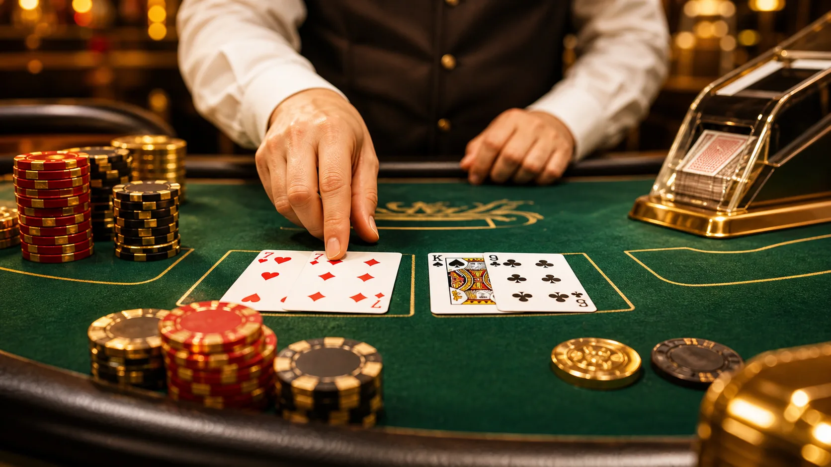 Mesa de baccarat com cartas e fichas em ambiente de cassino ao vivo